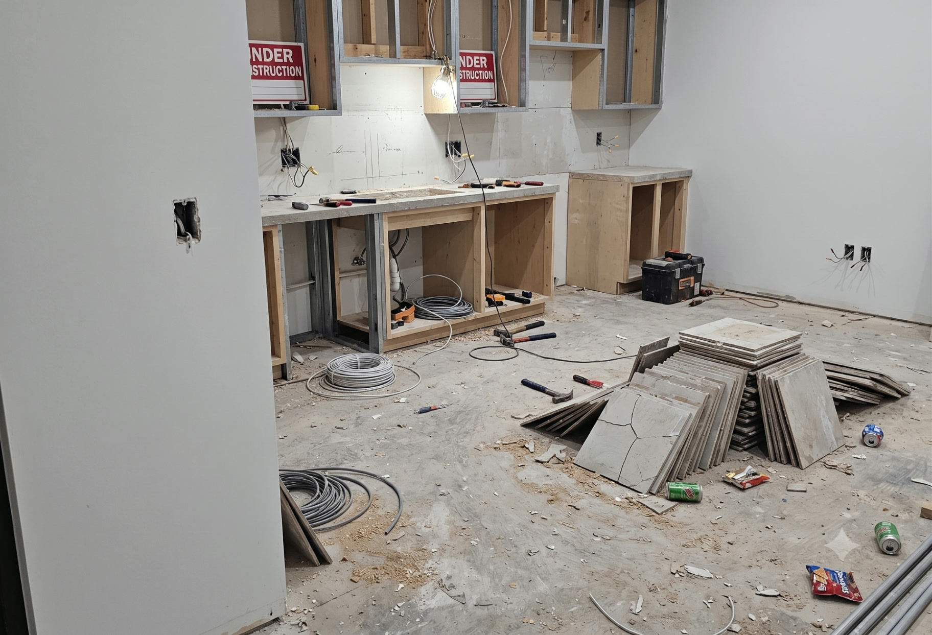 Break Room Floor & Wet-Area Prep — before